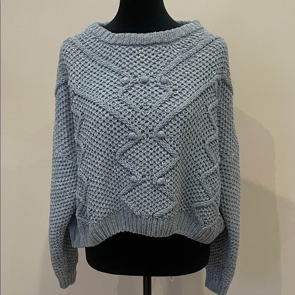 Women's Blue Cable Knit Sweater large slightly cropped